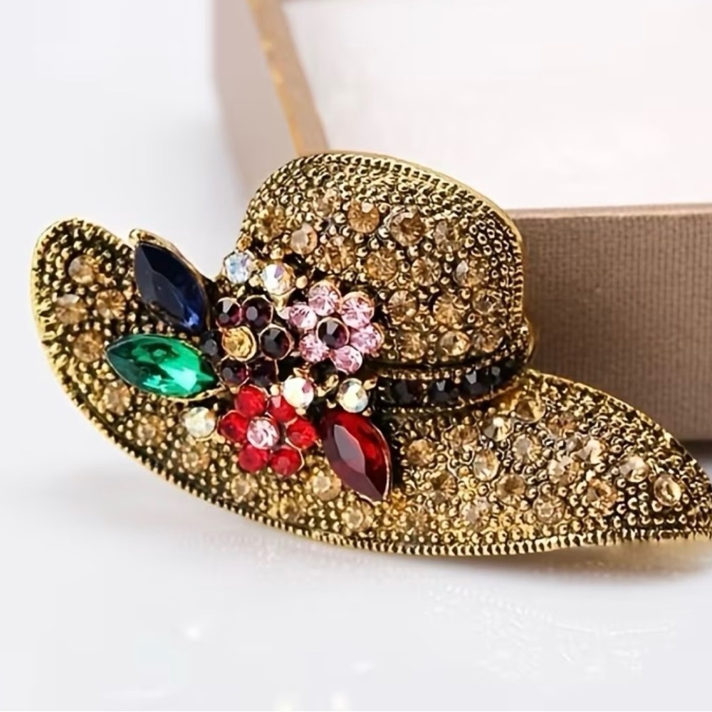 Beautiful, Elegant Fancy Female Wide Brim Sun Hat Brooch/Pin- Sparkly Stones.